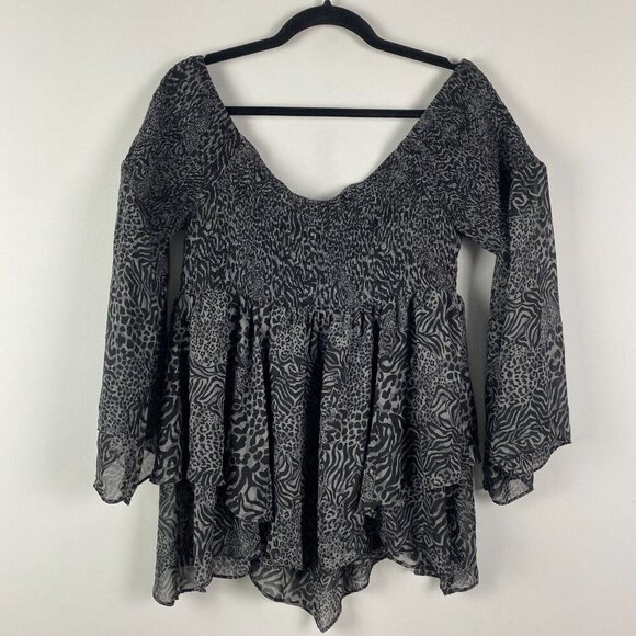 Torrid Smocked Blouse Size 2X Black Mesh Blouse Top Tulle Peplum Flare Sleeve - Picture 7 of 11